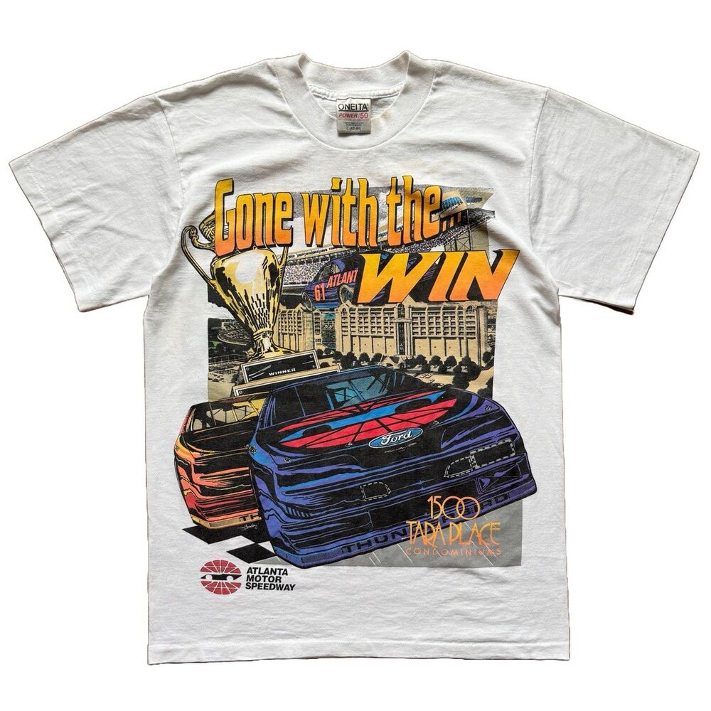 Vintage 90s Ford Mustang Atlanta Racing Gone With The Win Sz L T-Shirt Dbl Side